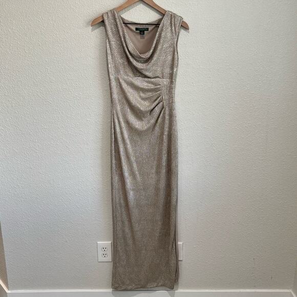 Lauren Ralph Lauren Evening Gown Gold Shimmer Drape Ruched Dress Holiday Party - Picture 1 of 7